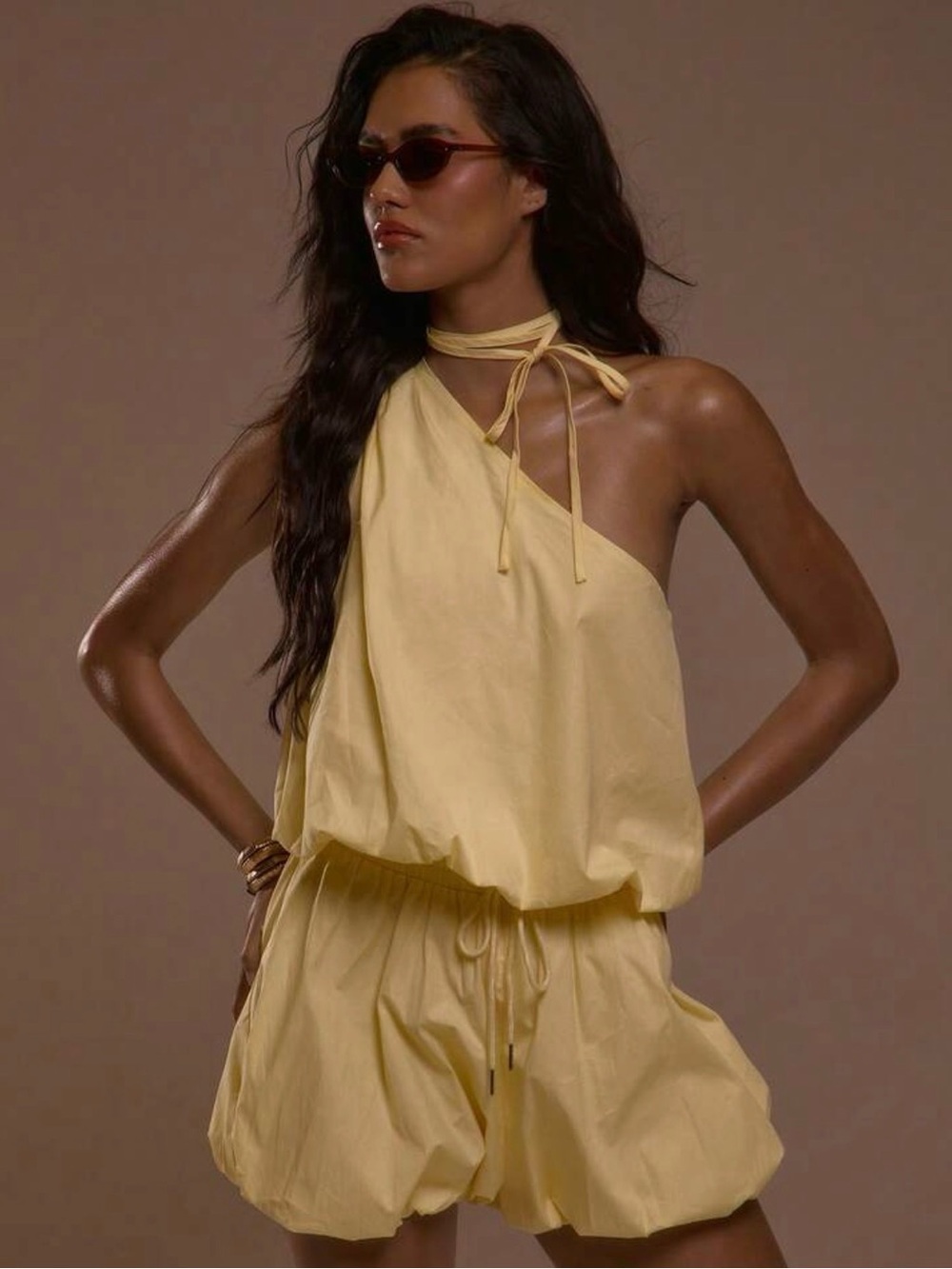 Musera Pale Yellow One-Shoulder Bubble Hem Top & Matching Bubble Hem Shorts.